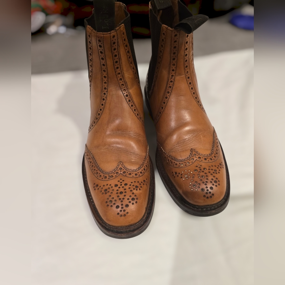 Loake 1880 Tan Chelsea Boots with Brogue Detailing Size US 9.5 UK 10.5